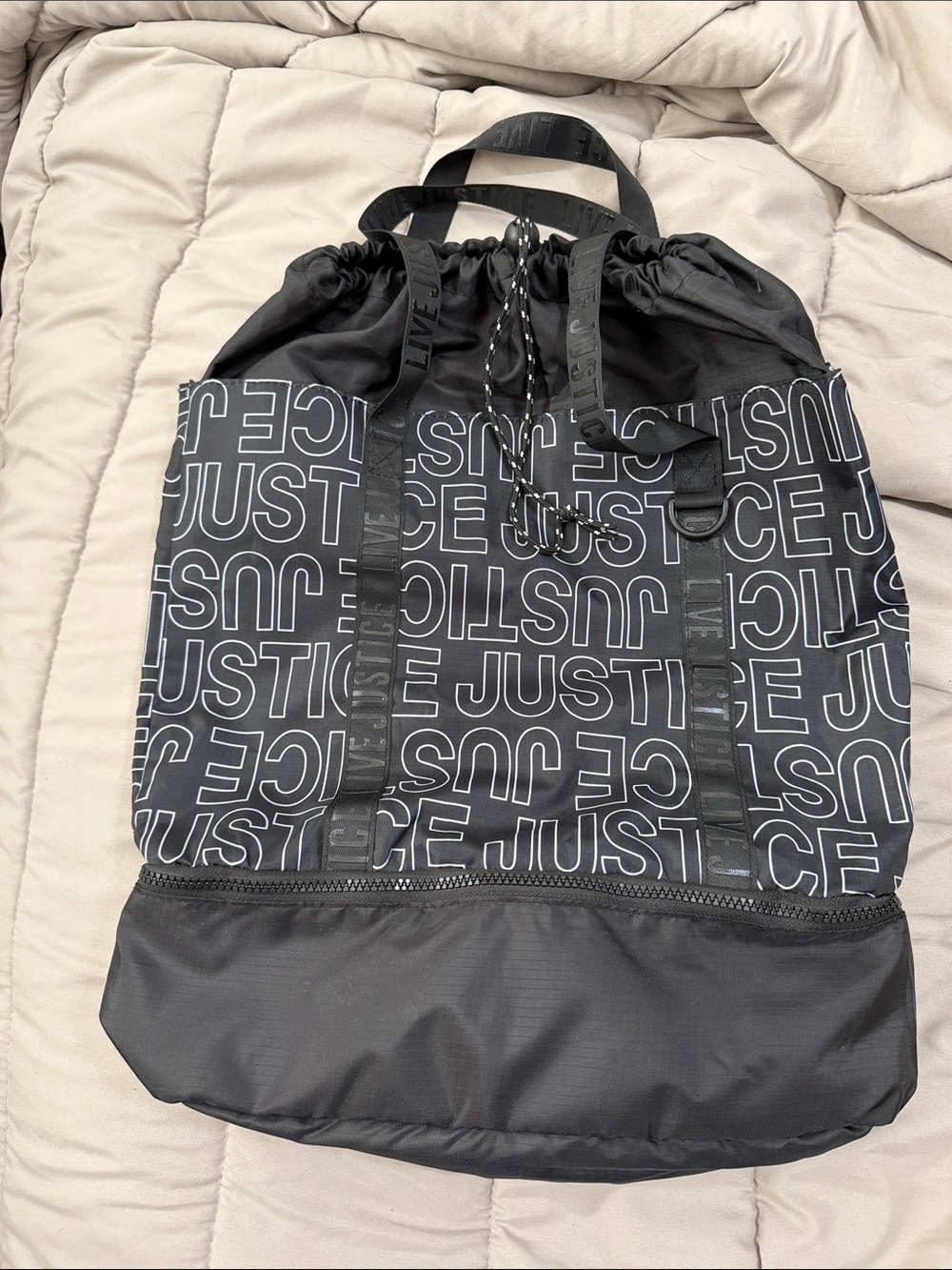 Justice Black Drawstring Tote with Repeat Logo